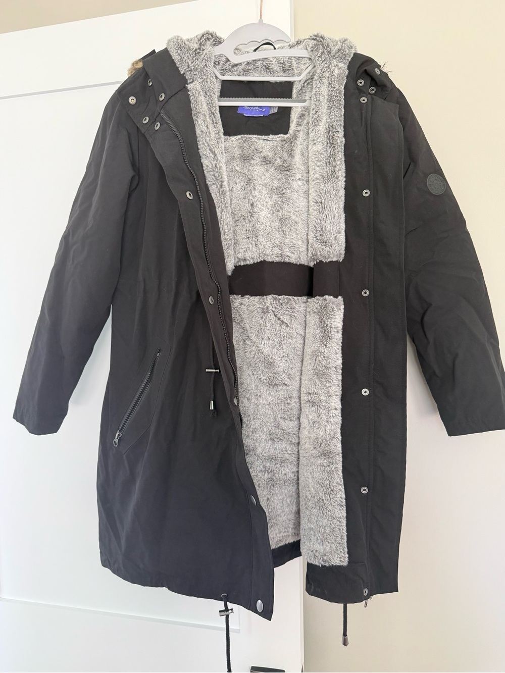 Seraphine Black Hooded Puffer Coat with Gray Faux-Fur Lining